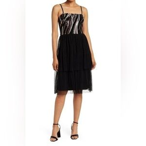 NWT DRESS THE POPULATION block print tiered sequin